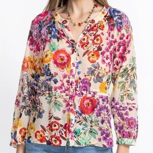 JOHNNY WAS Workshop Evalon Peplum Floral Embroidered Cotton Blouse Womens Small
